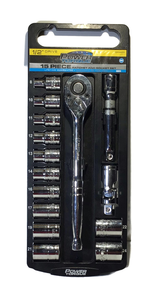Power Torque 15 Piece 1/2 Inch Drive Standard 12pt Metric Ratchet