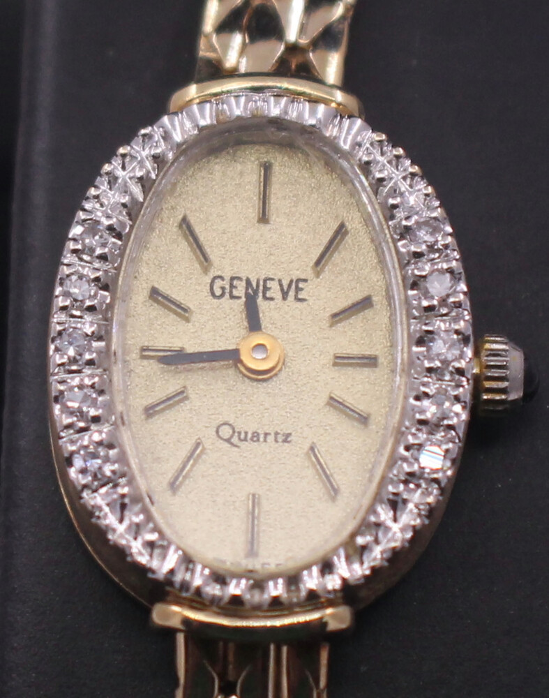 Geneve 14k Yellow Gold Ladies Quartz Watch Diamond Bezel Usa Pawn 