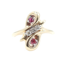 14KT Yellow Gold Round Diamond and Lab Created Ruby Duo Estate Women's Ring 4.5g