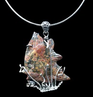 Stunning Large Craved Fish Artisan Agate Pendant 20" Sterling Silver Necklace 
