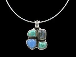 Silver Statement Necklace with Carved Turquoise, Chalceldony, and Labrydite 925