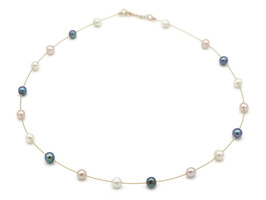  Women's 6mm Round Multi Color Cultured Pearl 14KT Yellow Gold Station Necklace