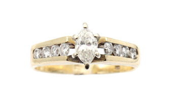 "Green Dot" 0.80 ctw Marquise and Round Cut Diamond Engagement Ring 14KT Gold 