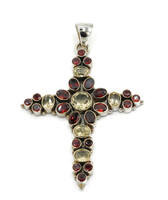 Beautiful Women's Large Red Garnet and Citrine Sterling Silver 925 Cross Pendant