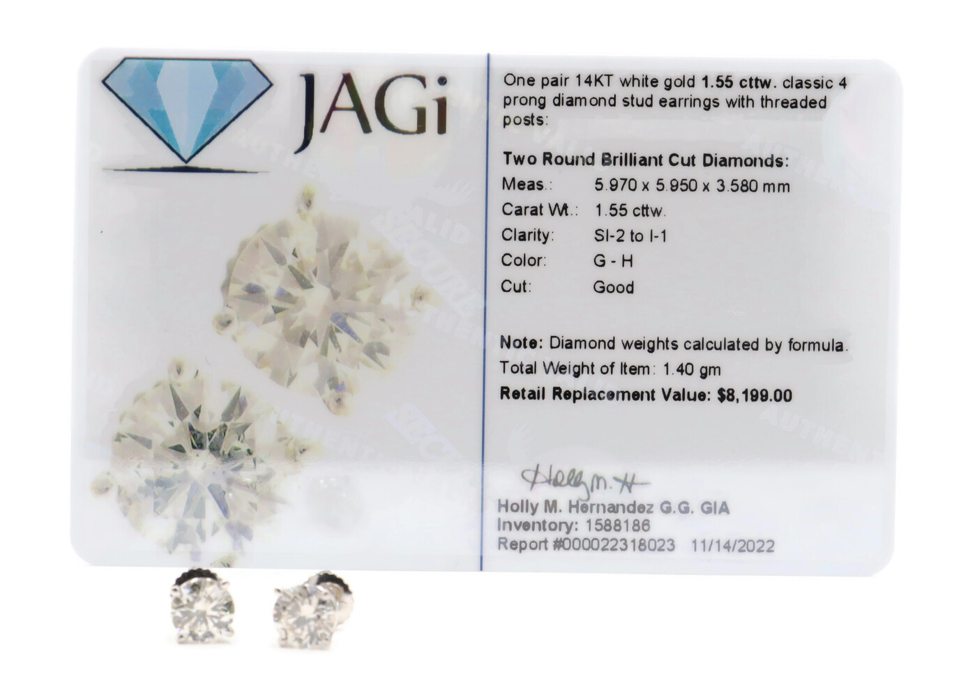 14KT White Gold 1.55 cttw Round Brilliant Cut Diamond Stud Screw Back Earrings 