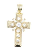 Sand Blasted Rope Detailed Round & Baguette CZ Iced 10KT Gold Cross Pendant 6.8g