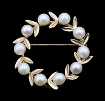 Women's Estate 14KT Yellow Gold Leaf Brooch with White 4.7mm Cultured Pearls 4g