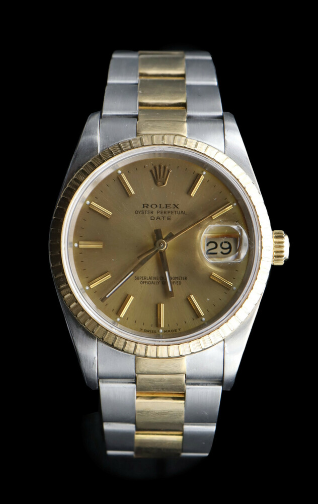 Rolex Date 34mm 15223 Two Tone 18k Gold & Steel Champagne Stick Dial Gold Bezel