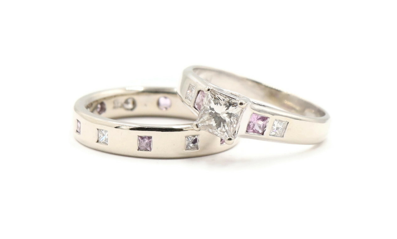 1.05 cttw Diamonds & 0.35 cttw Princess Cut Pink Sapphire 14KT Wedding Ring Set