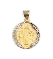 Saint Benedict Medal Necklace Pendant 14KT Yellow Gold with Matte Detailing 