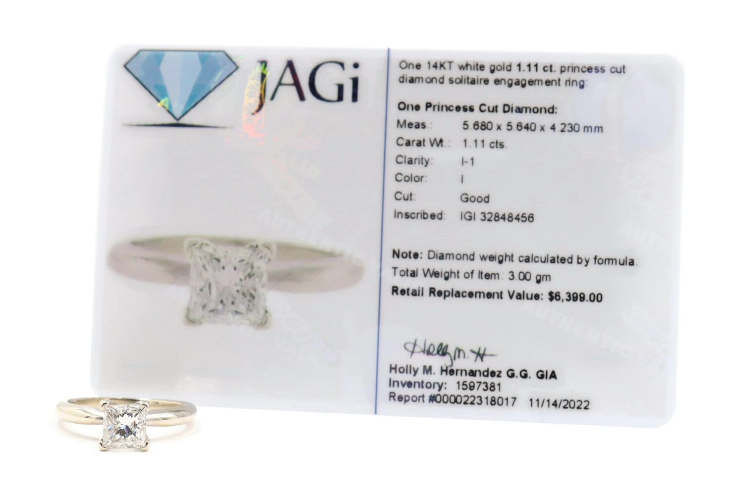 1.11 ctw Princess Cut Diamond Solitaire Engagement Ring in 14KT White Gold