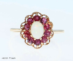 Estate 0.33 ctw Cabochon Opal & 0.80 ctw Round Synesthetic Ruby 14KT Gold Ring