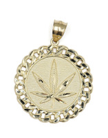 10KT Yellow Gold Marijuana Weed Leaf Round Pendant with Curb Link Chain Wreath 