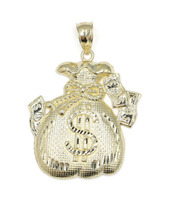 Large High Shine 10KT Yellow Gold Diamond Cut Bag of Money Necklace Pendant 