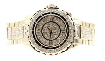 Men's CZ Encrusted Bling Yellow Gold Tone Wrist Watch by NY London Model: 1599