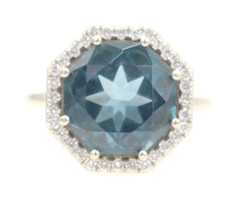 6.80 Ct Octagonal Cut London Blue Topaz & Diamond Halo 14KT White Gold Ring 7g