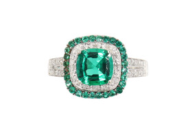 Women's Green CZ Cushion Double Halo 10KT White Gold Ring with Diamond Accents