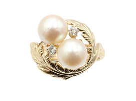 Women's Estate 7.5mm Cream Cultured Pearl & Diamond Nest Ring 14KT Yellow Gold