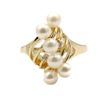  Women's Estate White Waterfall Cultured Pearl & 0.02 ctw Diamond Ring 14KT Gold