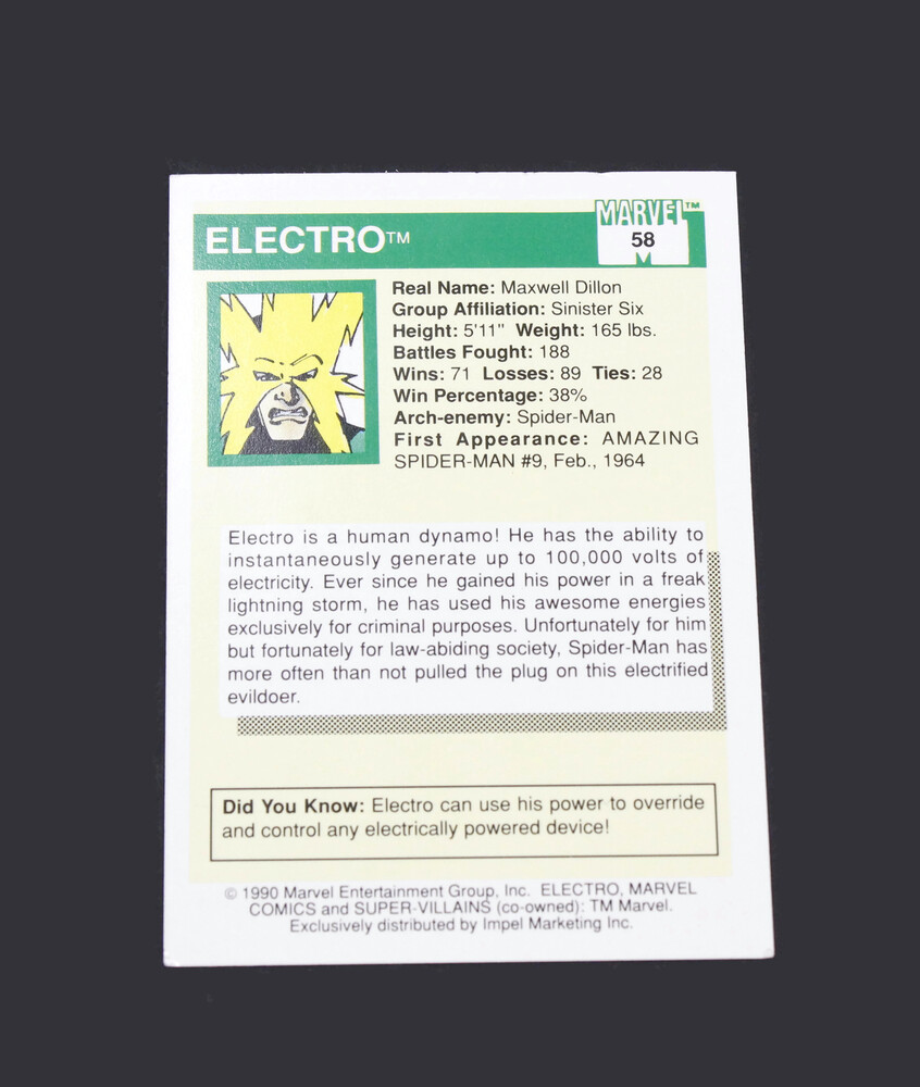 1990 Marvel Comics Universe Series 1 Super Villains ELECTRO Trading Card #58