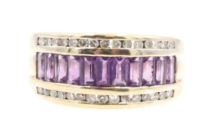 1.10 ctw Baguette Cut Purple Amethyst & 0.15 ctw Diamond 10KT Channel Band Ring