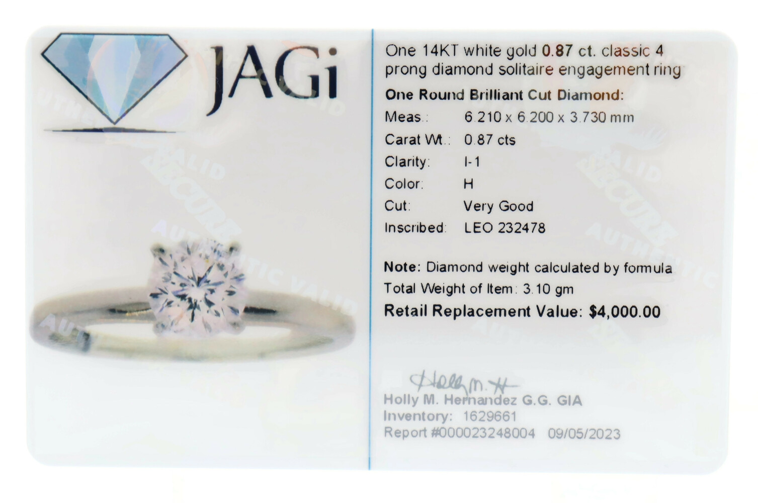 0.87 ctw 14KT White Gold and Platinum The Leo Round Diamond Solitaire Ring 
