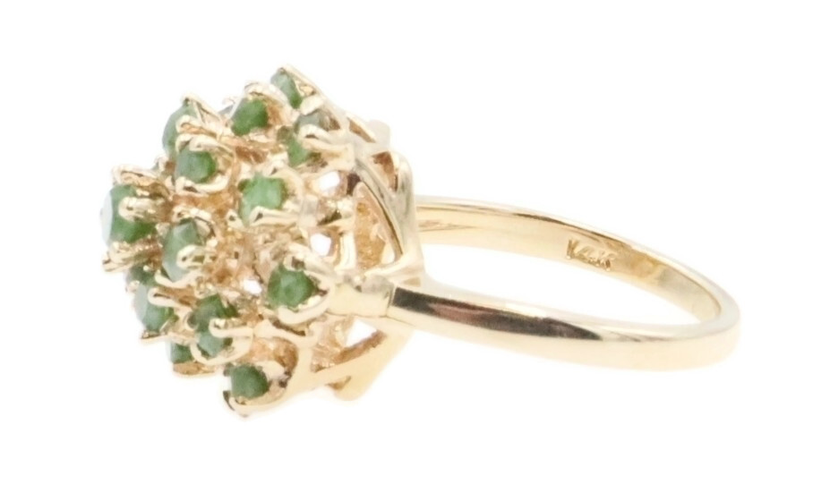 Estate 2.15 ctw Round Cut Green Jade Dome Cluster Ring in 14KT Yellow Gold 7.0g.