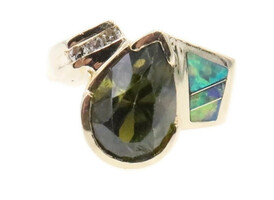 Unique 4.20 ctw Pear Cut Peridot Ring with Opal Inlay & 0.06 ctw Round Diamonds 