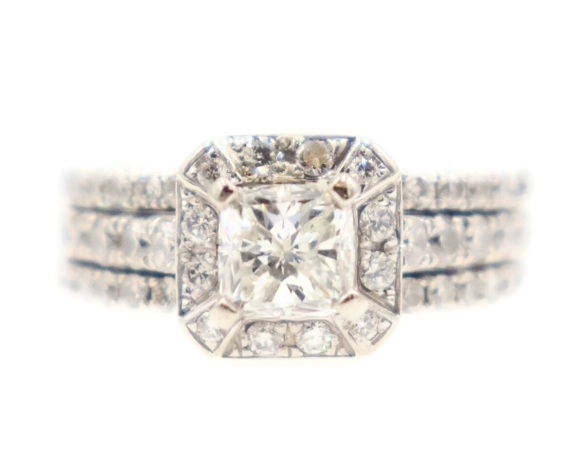 1.60 ctw Cushion Cut & Round Diamond Halo 14KT White Gold Wedding Ring Set 8.1g