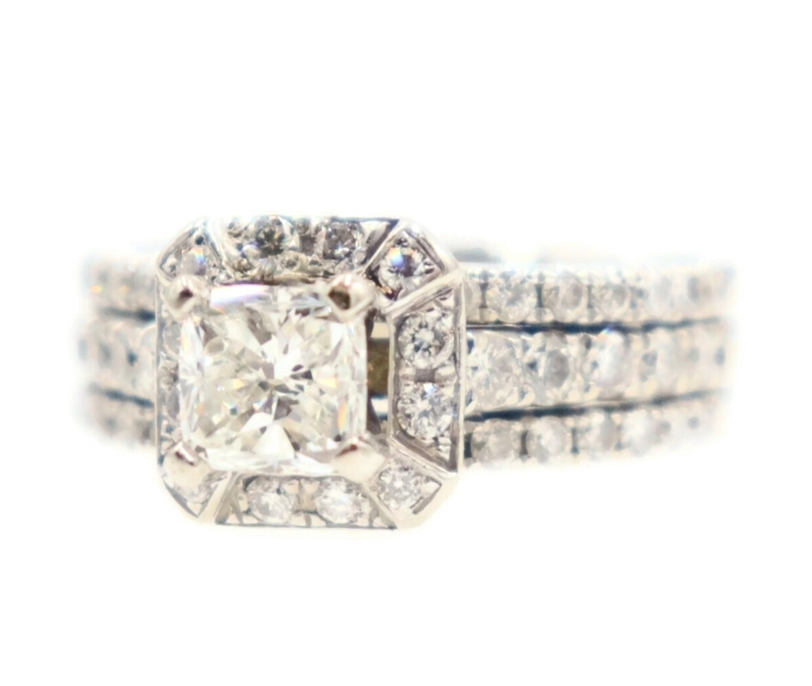 1.60 ctw Cushion Cut & Round Diamond Halo 14KT White Gold Wedding Ring Set 8.1g