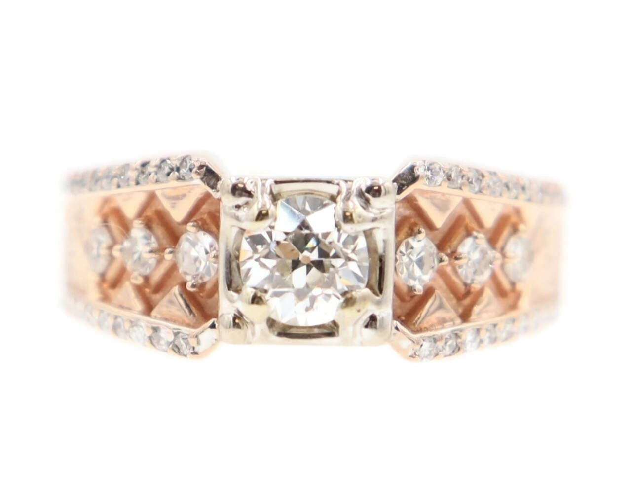 0.87 cttw Cathedral Filigree Early Modern Brilliant 14KT Rose Gold Ring - 9.9g