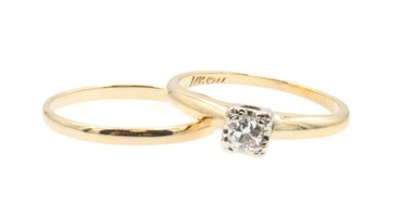Women's 0.15 ctw Round Diamond Solitaire 14KT Yellow Gold Wedding Ring Set 2.7g
