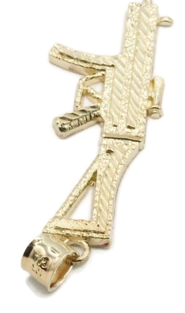 Large 10KT Yellow Gold AK 47 Machine Gun Diamond Cut Necklace Pendant 3.20 Grams