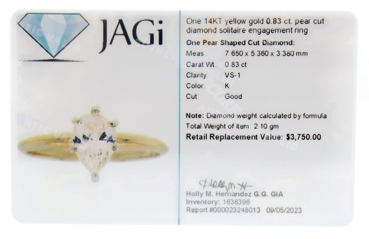 0.83 ct Pear Cut VS-1 K Diamond Solitaire Engagement Ring in 14KT Yellow Gold 