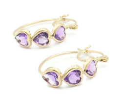 "Green Dot" 1.60 ctw Heart Cut Purple Amethyst 14KT Yellow Gold Hoop Earrings 