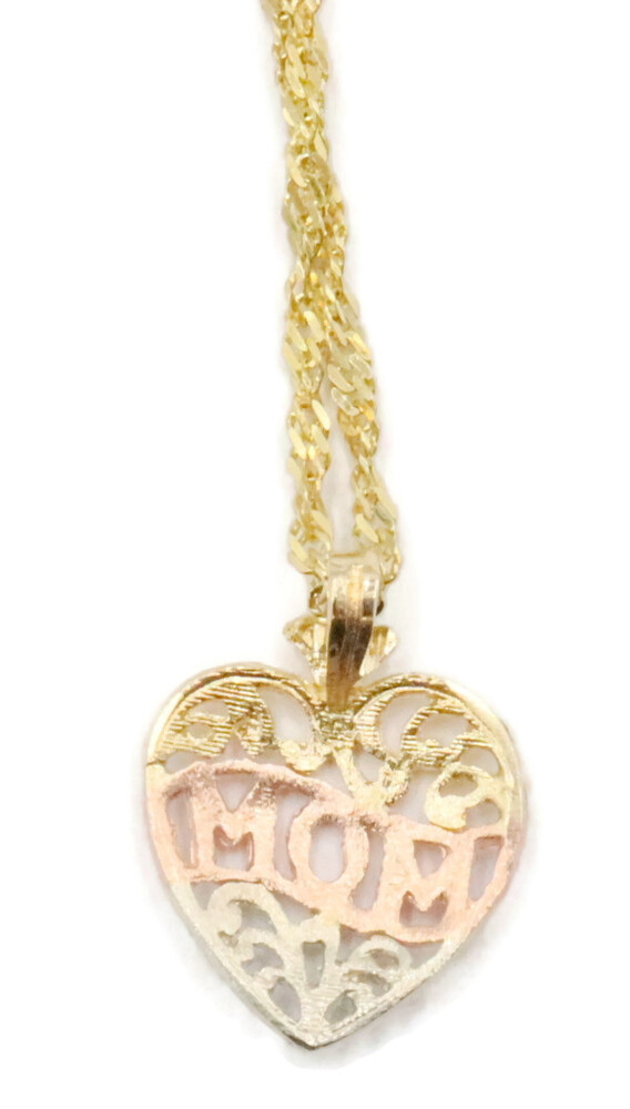 Yellow, Rose and White Gold Heart Mom Pendant on 18