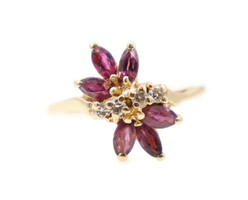Estate 0.72 ctw Marquise Cut Ruby & 0.08 ctw Round Diamond 14KT Gold Ring - 2.9g