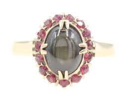 Women's 14KT Yellow Gold 2.50 Ctw Cabochon Black Star Sapphire & Ruby Halo Ring