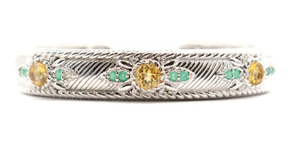 Judith Ripka Sterling Silver (925) Emerald Green & Yellow CZ Cuff Bracelet 56g