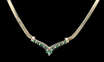 Women's Estate 14KT Yellow Gold Herringbone 0.30 ctw Emerald & Diamond Necklace