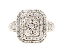 1.09 Ctw Round Diamond Rectangular Cluster Double Halo 10KT Gold Engagement Ring