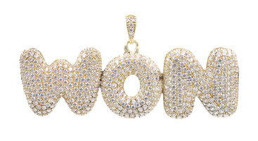 Iced 10KT Yellow Gold Round CZ Bubble Letter "Won" Necklace Pendant - 13.30g