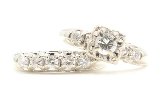 Estate Antique Style 0.85 ctw Round Diamond 14KT White Gold Wedding Ring Set 7g