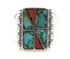 Men's Mosaic Dyed Turquoise Inlay Rectangle Sterling Silver (925) Men's Ring 