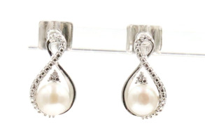Women's Sterling Silver (925) 5.4mm Round White Cultured Pearl & CZ Earrings 
