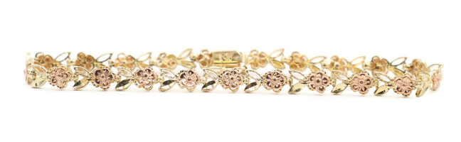 Women's 14KT Bi-Color Gold Fancy Diamond Cut Floral Leaf Bracelet 7 1/4" - 6.84g