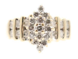 "Green Dot" Estate Marquise Cluster 0.95 ctw Round Diamond 10KT Yellow Gold Ring