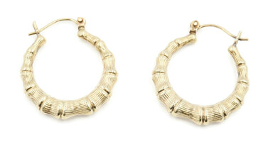 Women's Medium High Shine 14KT Yellow Gold 22.6mm Bamboo Hoop Earrings - 2.29g