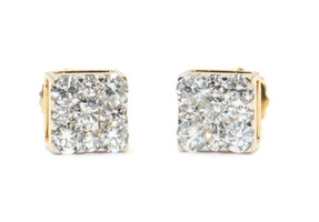 1.35 ctw Round Diamond Cluster Square 14KT Yellow Gold Screw Back Stud Earrings
