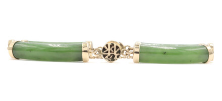 Estate 14KT Yellow Gold Chinese Longevity Nephrite Jade Bracelet 7" - 18.6 Grams